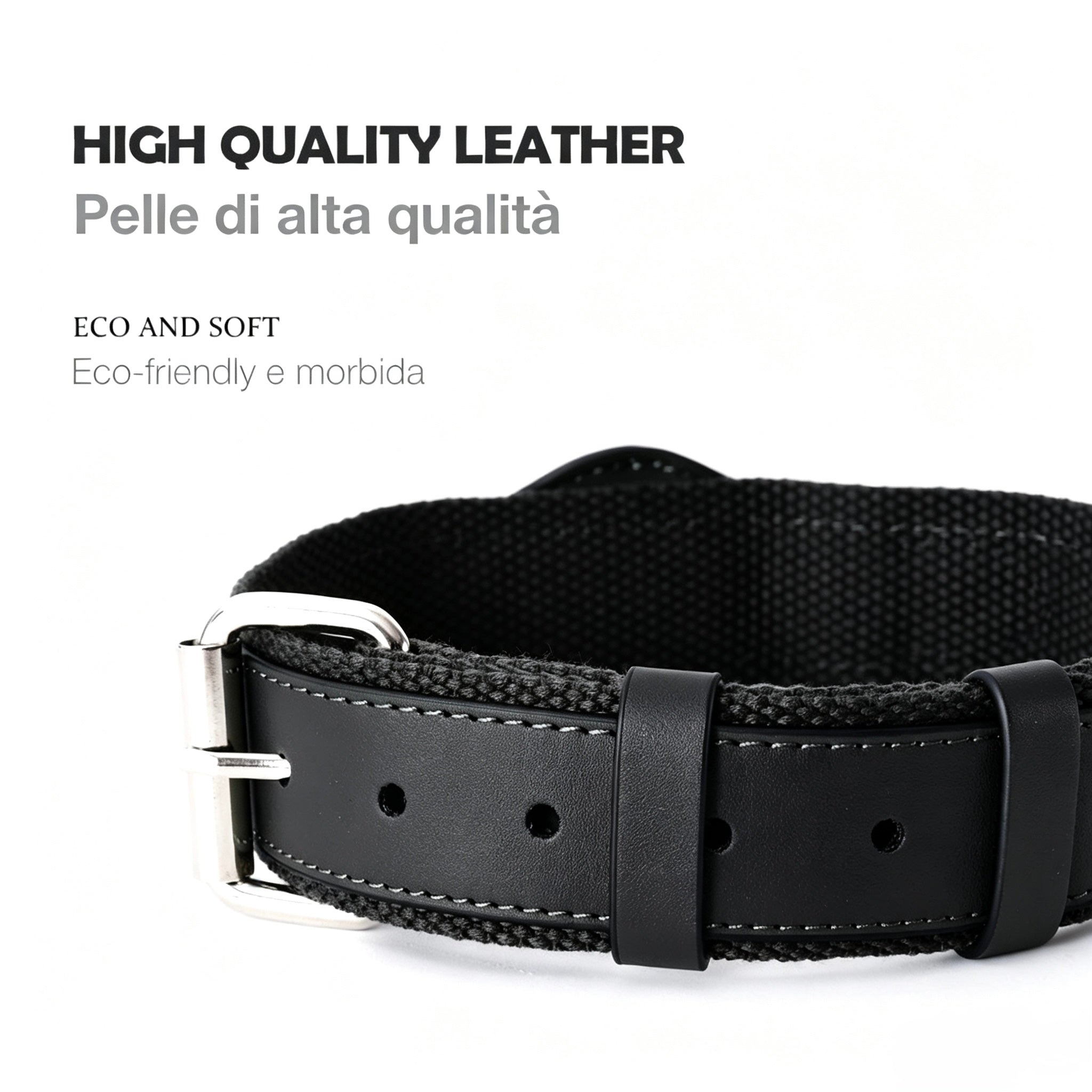 Collare in Pelle e Tessuto con Supporto Integrato per AirTag (Nero)