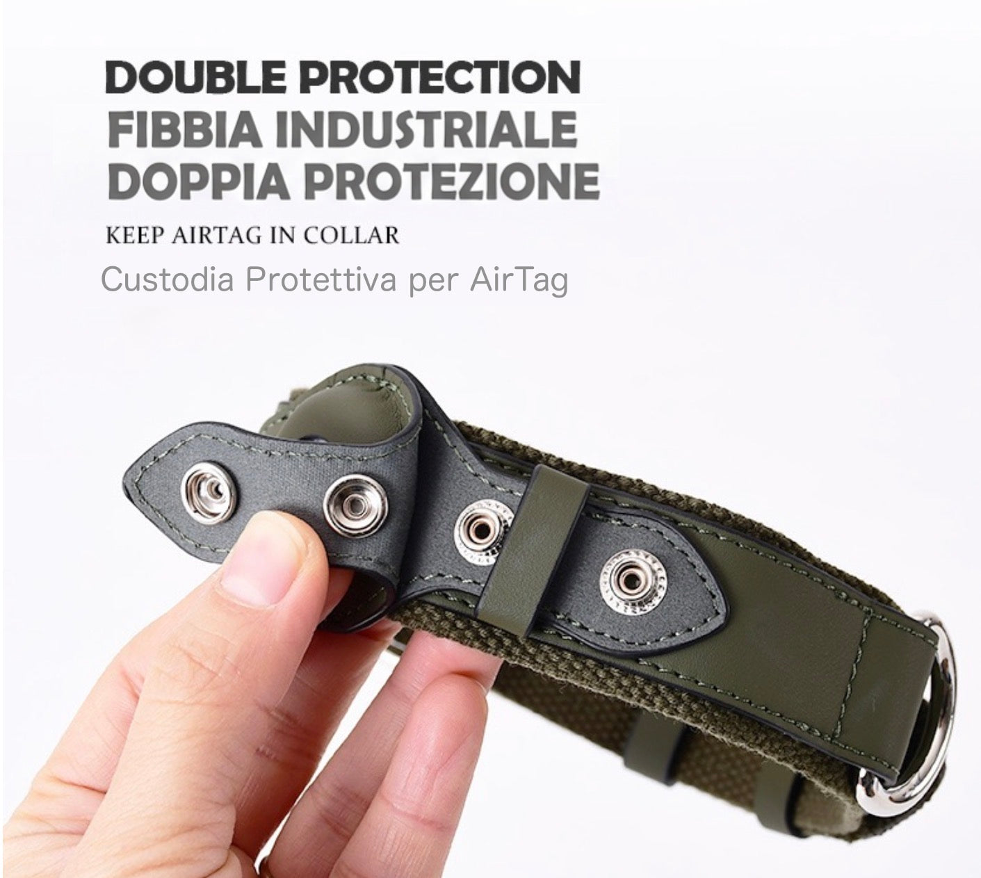 Collare in Pelle e Tessuto con Supporto Integrato per AirTag (Verde militare)