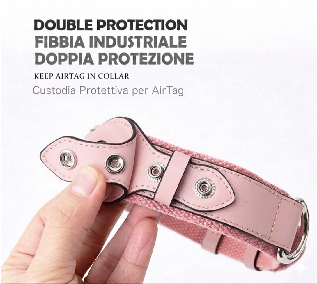 Collare in Pelle e Tessuto con Supporto Integrato per AirTag (Rosa)
