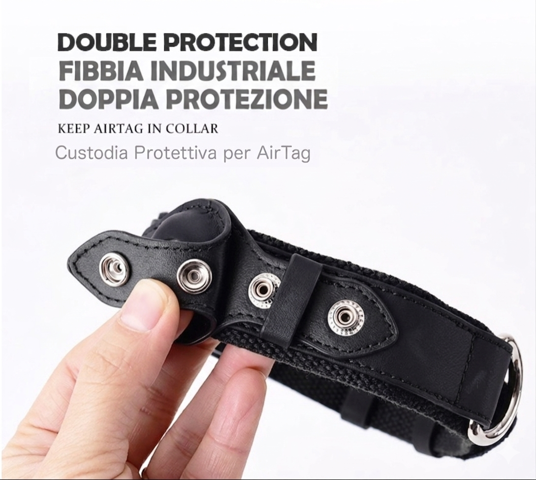 Collare in Pelle e Tessuto con Supporto Integrato per AirTag (Nero)