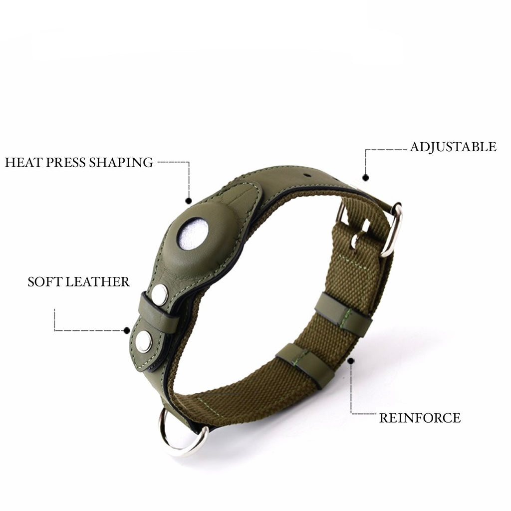 Leather and Fabric Collar with Integrated AirTag Holder (Military Green)